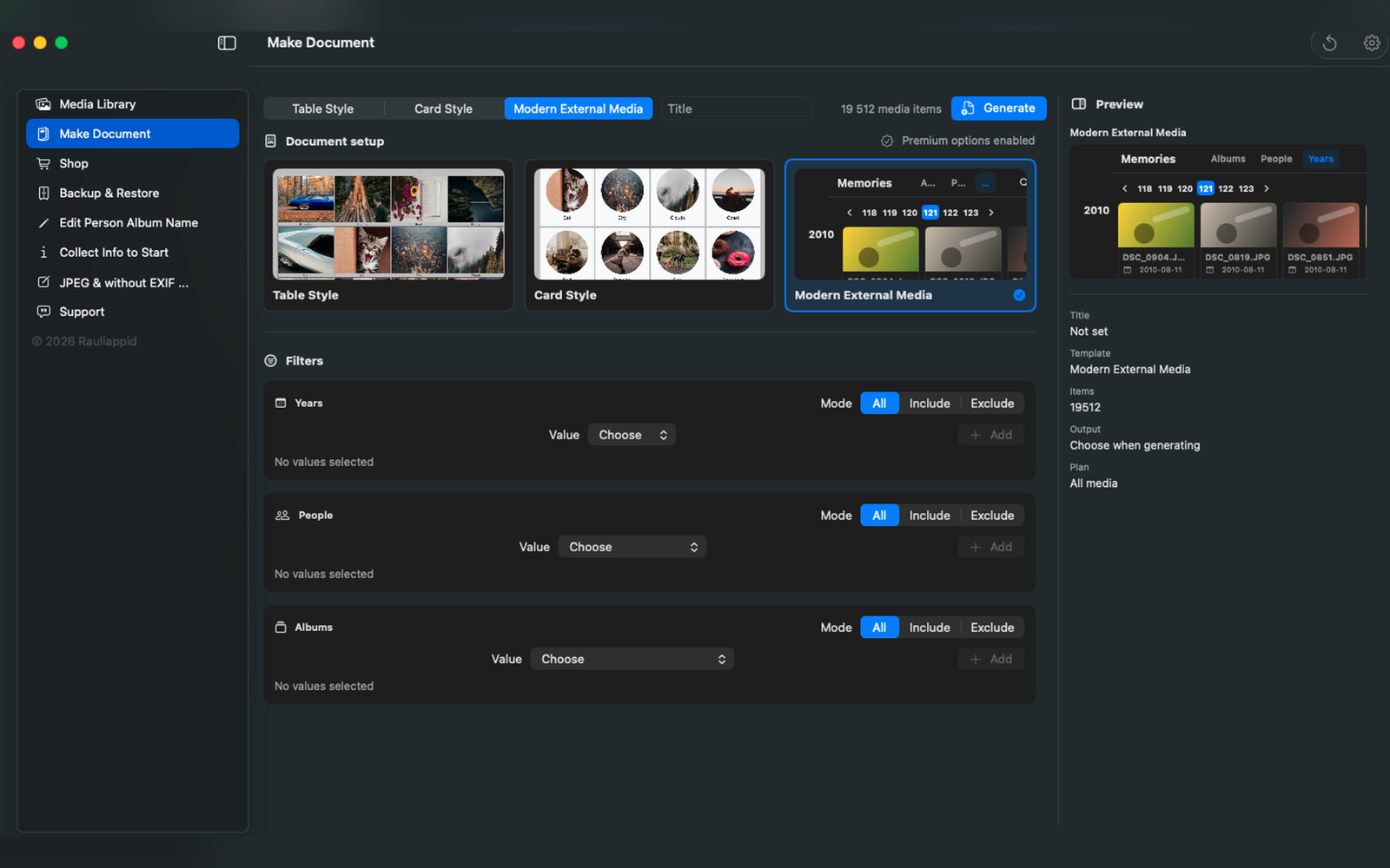 Memories Saver document creation view for a modern HTML album.